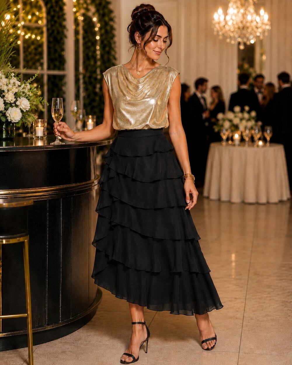 Tadashi Black Silk Tiered Ruffle Maxi Skirt Size 6 Evening Party Formal NWOT